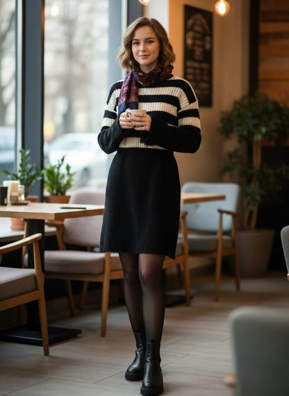 SHEIN LUNE Striped Rib-Knit Sweater Dress