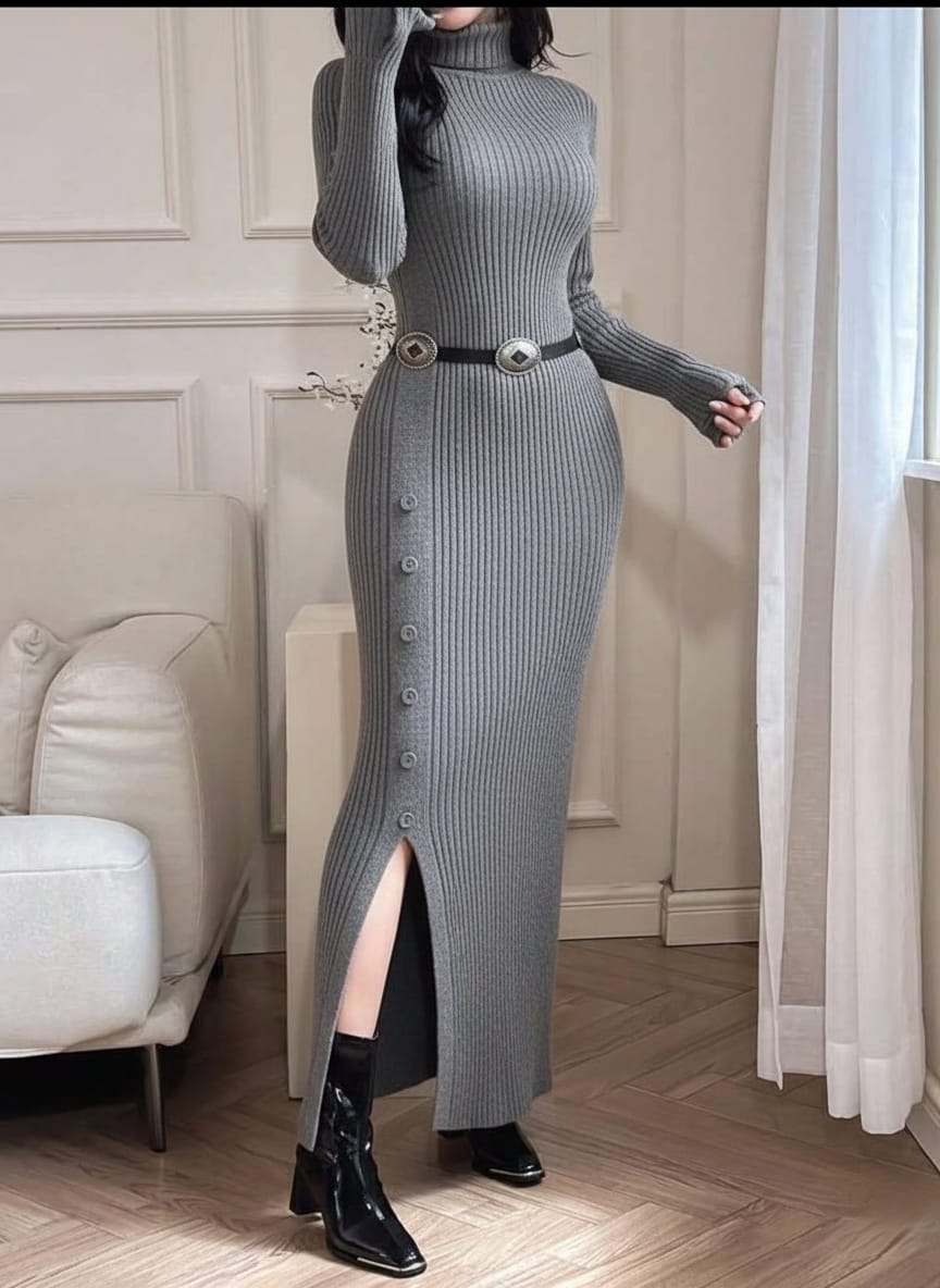 Modelyn Elegant High Neck Fitted Knit Sweater Dress