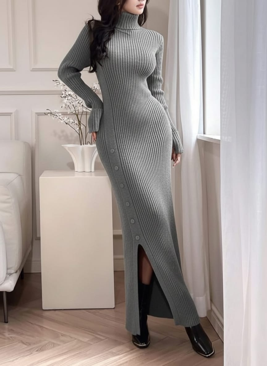 Modelyn Elegant High Neck Fitted Knit Sweater Dress