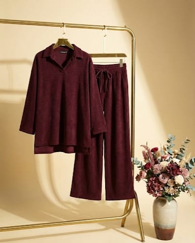 Premium -Trendiva  Burgundy Ribbed Velvet Set