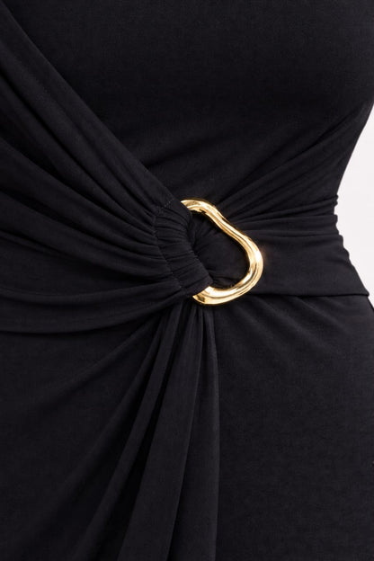 Elegant Black Half-Collar Lycra Maxi Dress