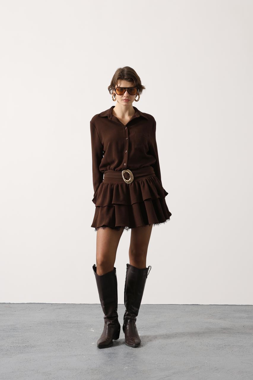 Gold Belted Lace Detail Dress - Brown