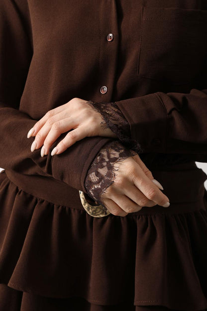 Gold Belted Lace Detail Dress - Brown