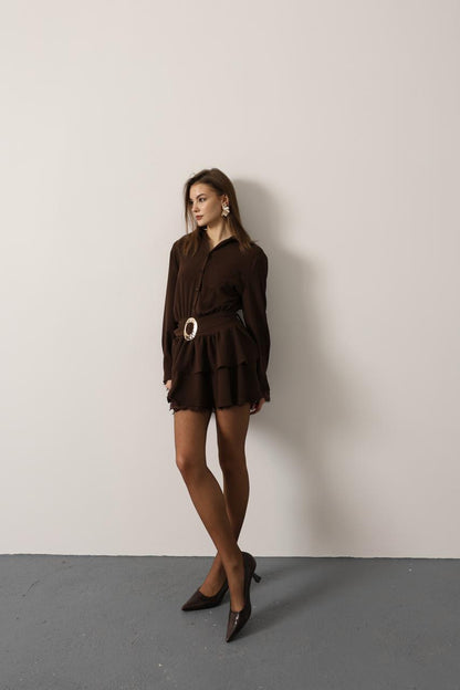 Gold Belted Lace Detail Dress - Brown