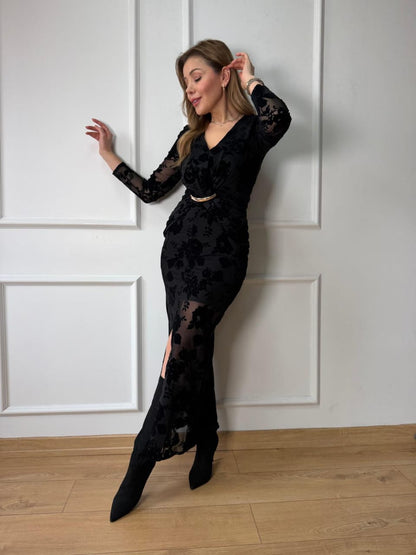 The Royal Velvet-Textured Evening Gown- Black