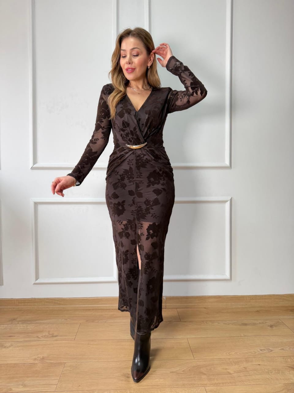 The Royal Velvet-Textured Evening Gown- Brown