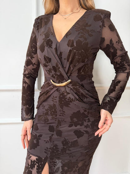The Royal Velvet-Textured Evening Gown- Brown
