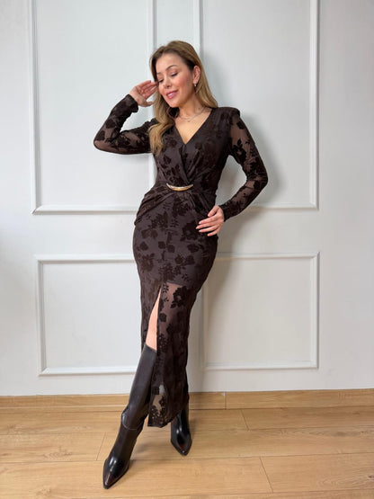 The Royal Velvet-Textured Evening Gown- Brown