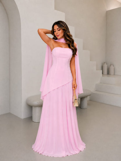THE BLUSH PINK SCARF-NECK EVENING GOWN