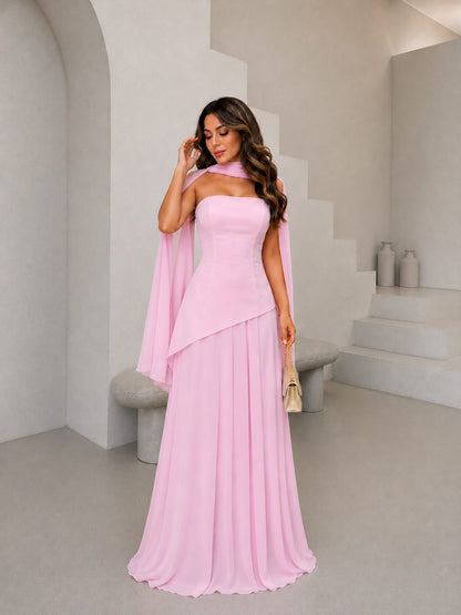THE BLUSH PINK SCARF-NECK EVENING GOWN