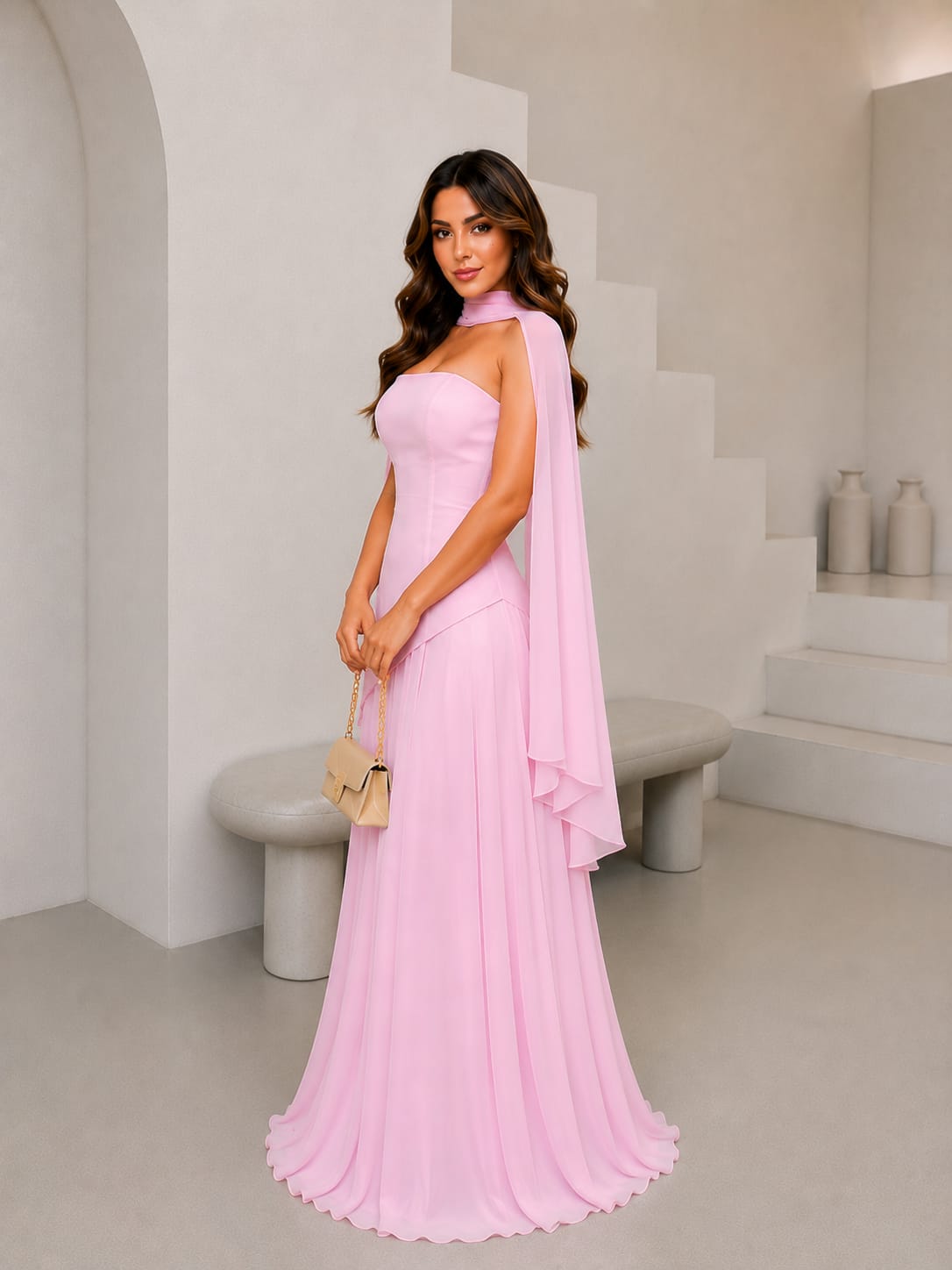 THE BLUSH PINK SCARF-NECK EVENING GOWN