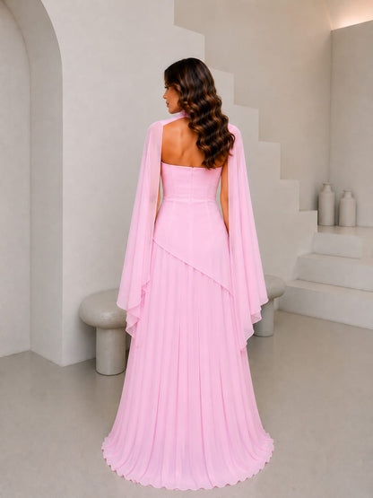 THE BLUSH PINK SCARF-NECK EVENING GOWN