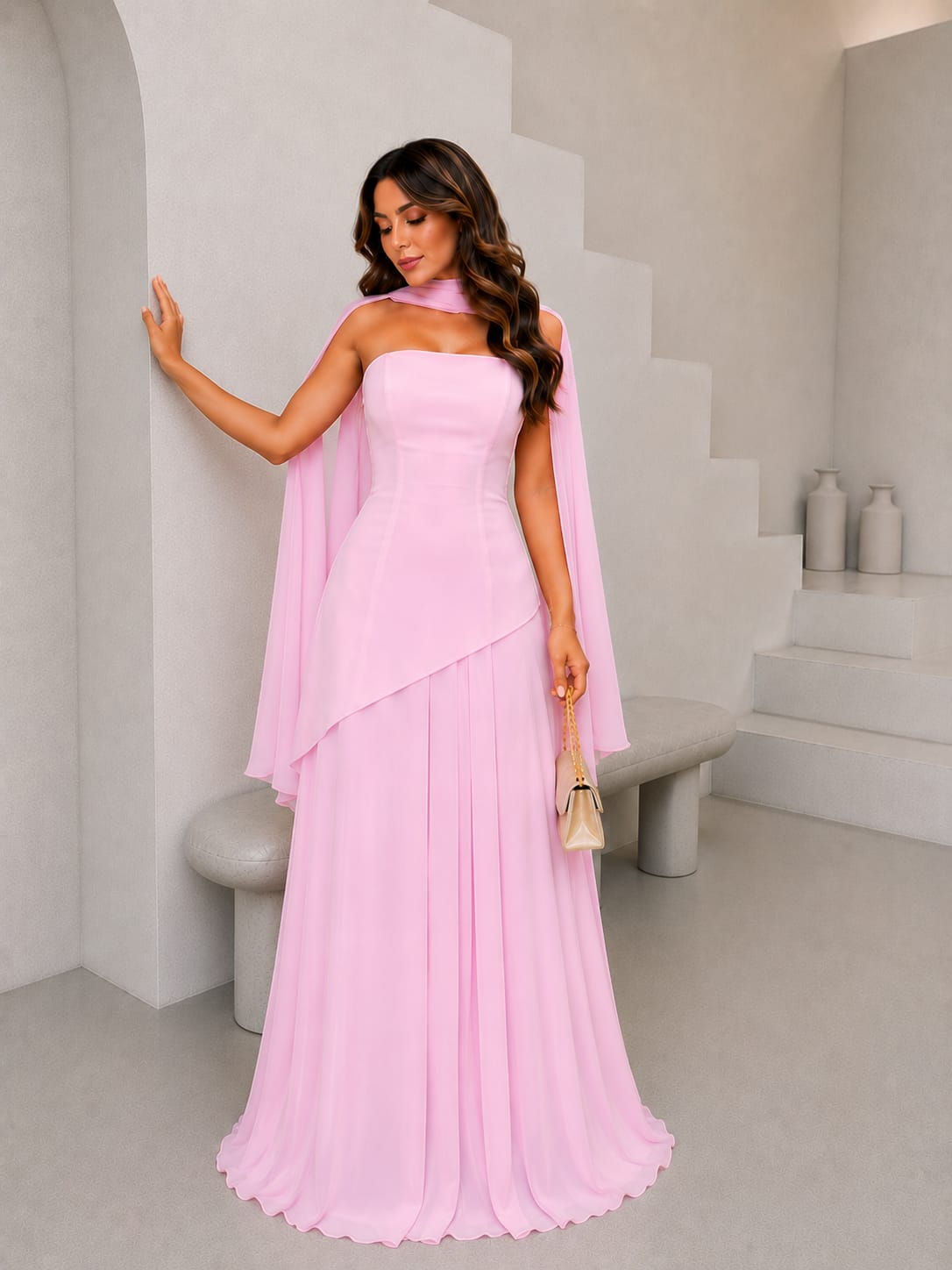 THE BLUSH PINK SCARF-NECK EVENING GOWN
