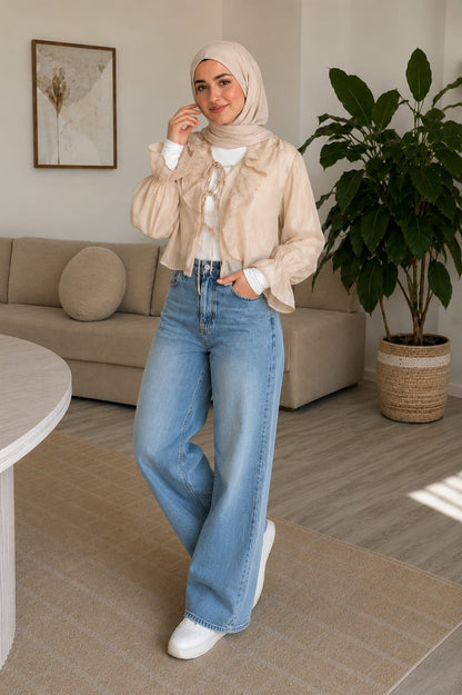 THE SHEER RUFFLE TIE BLOUSE (Beige)