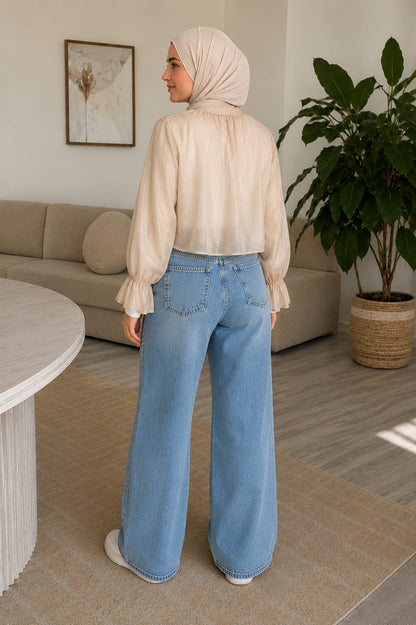 THE SHEER RUFFLE TIE BLOUSE (Beige)