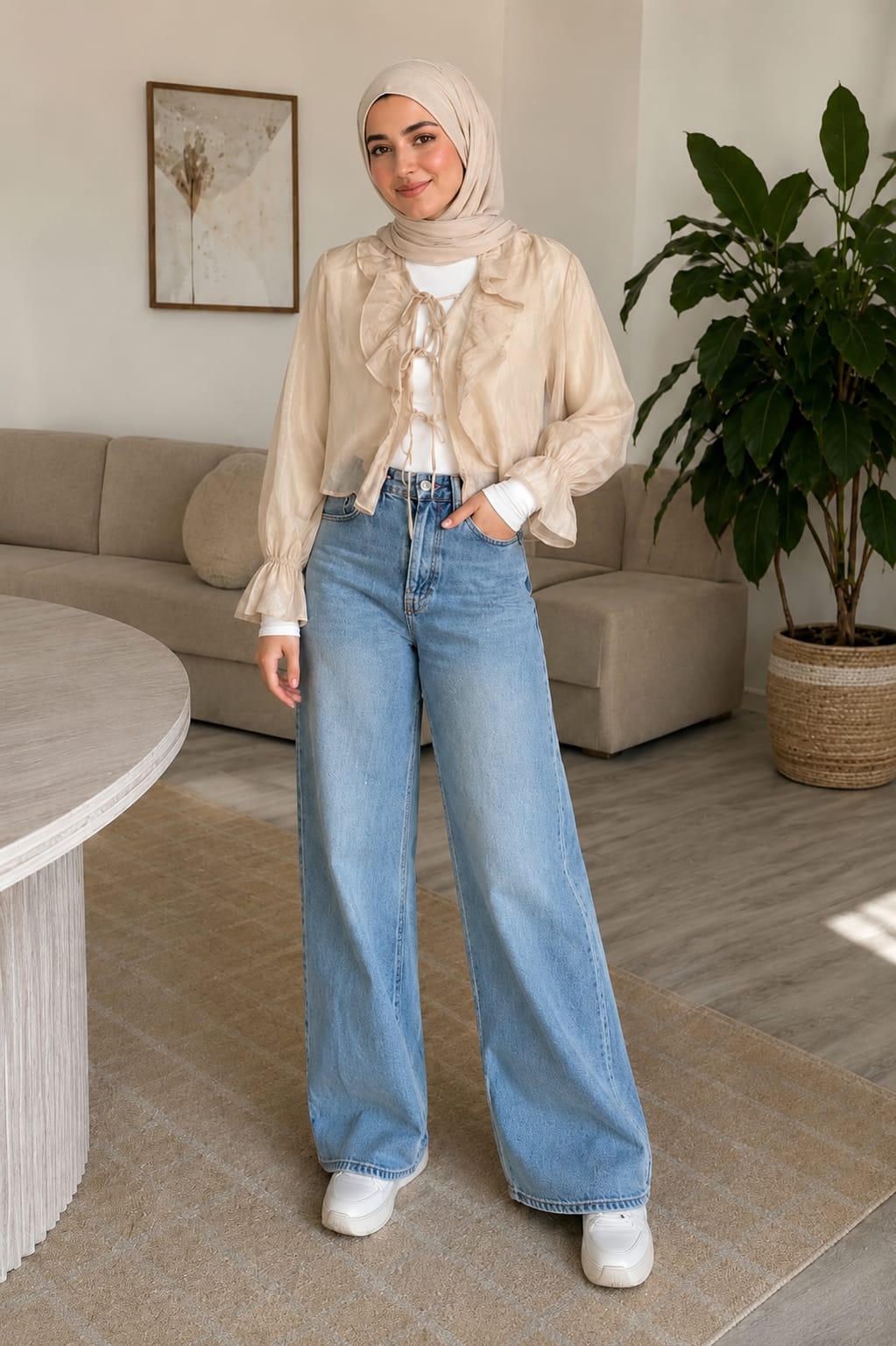 THE SHEER RUFFLE TIE BLOUSE (Beige)