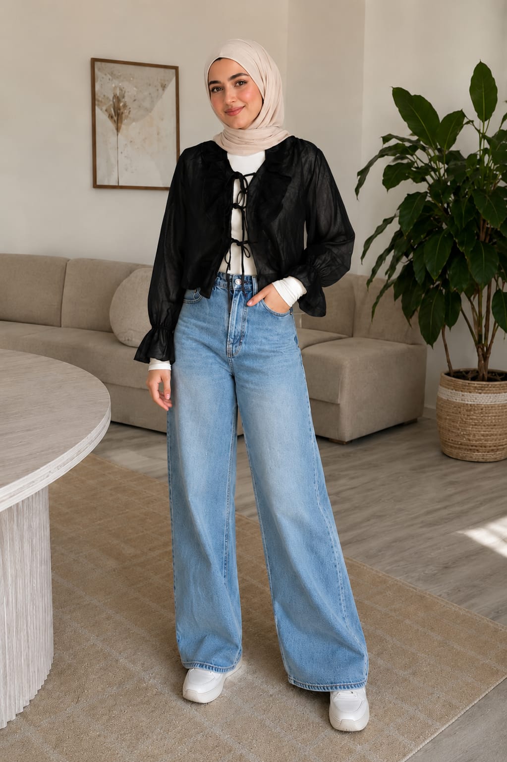 THE SHEER RUFFLE TIE BLOUSE (Black)