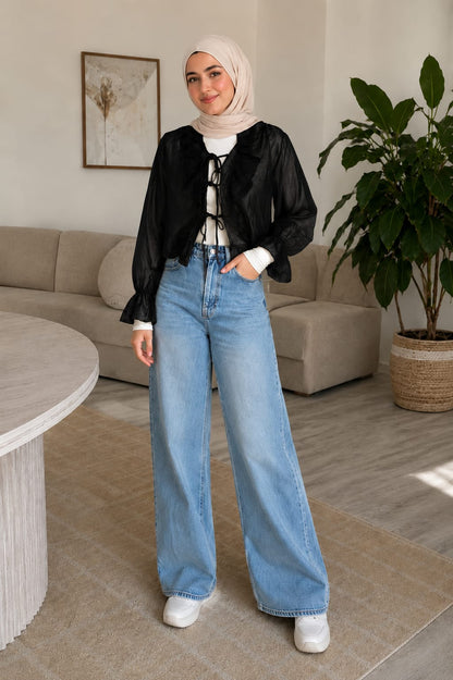 THE SHEER RUFFLE TIE BLOUSE (Black)