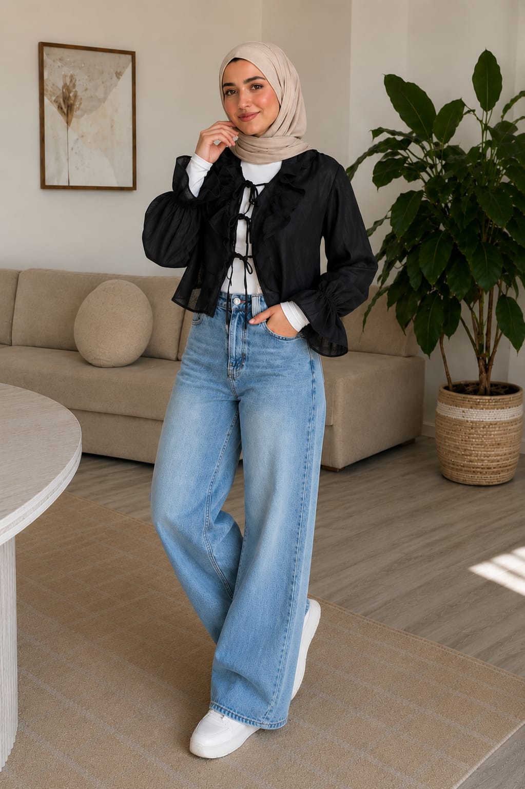 THE SHEER RUFFLE TIE BLOUSE (Black)