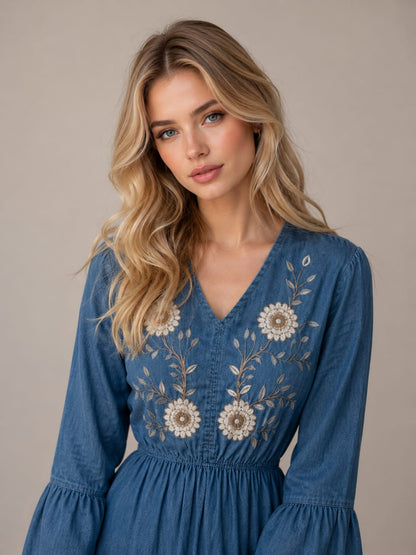 THE INDIGO BLOOM EMBROIDERED DENIM DRESS