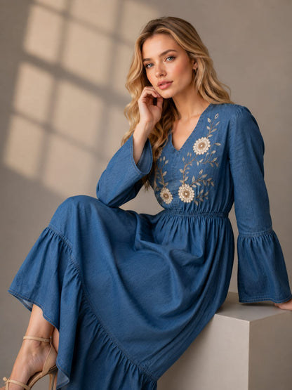 THE INDIGO BLOOM EMBROIDERED DENIM DRESS