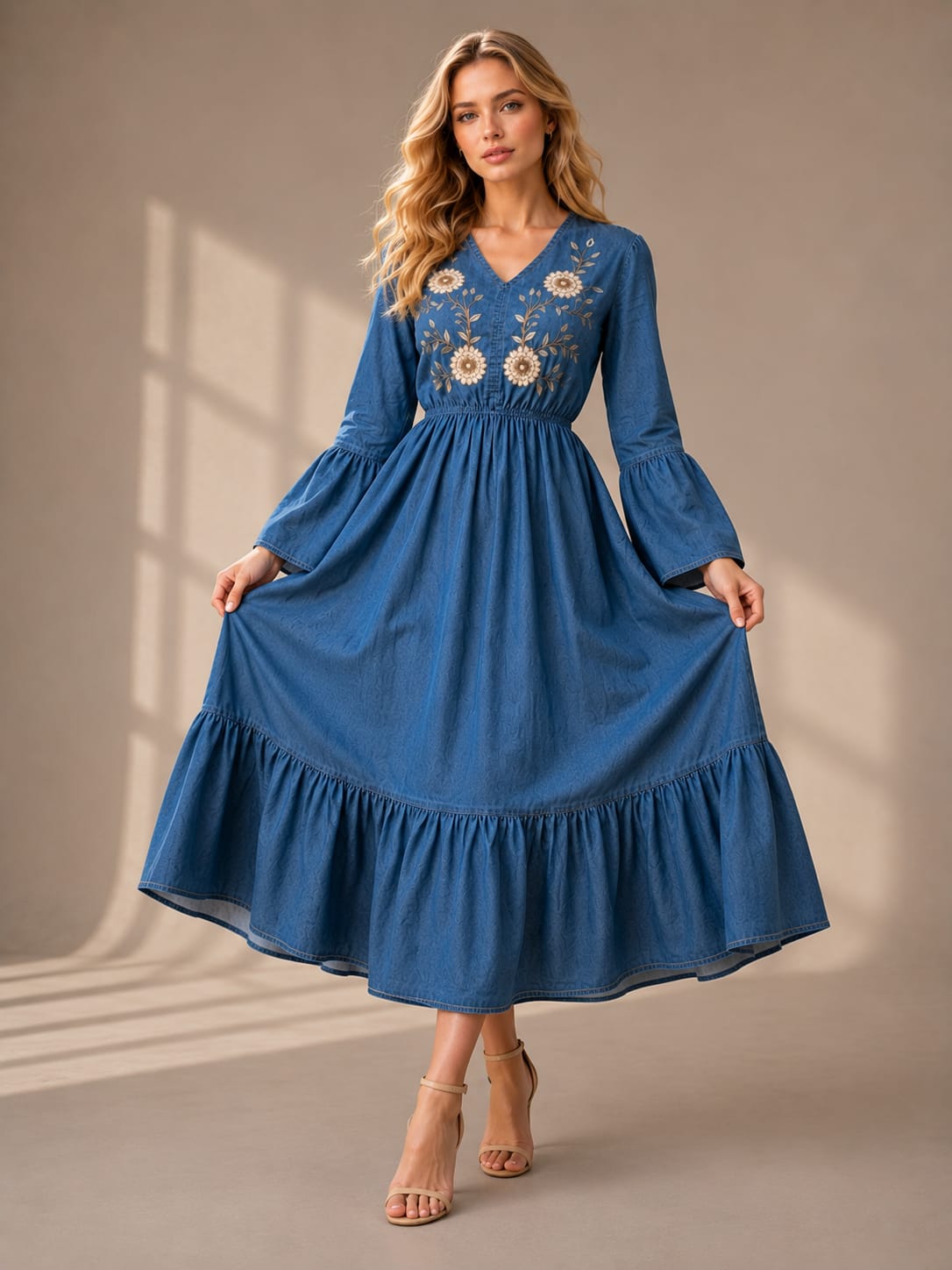 THE INDIGO BLOOM EMBROIDERED DENIM DRESS