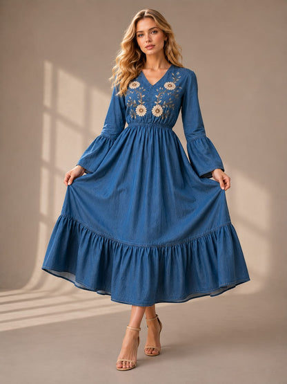 THE INDIGO BLOOM EMBROIDERED DENIM DRESS