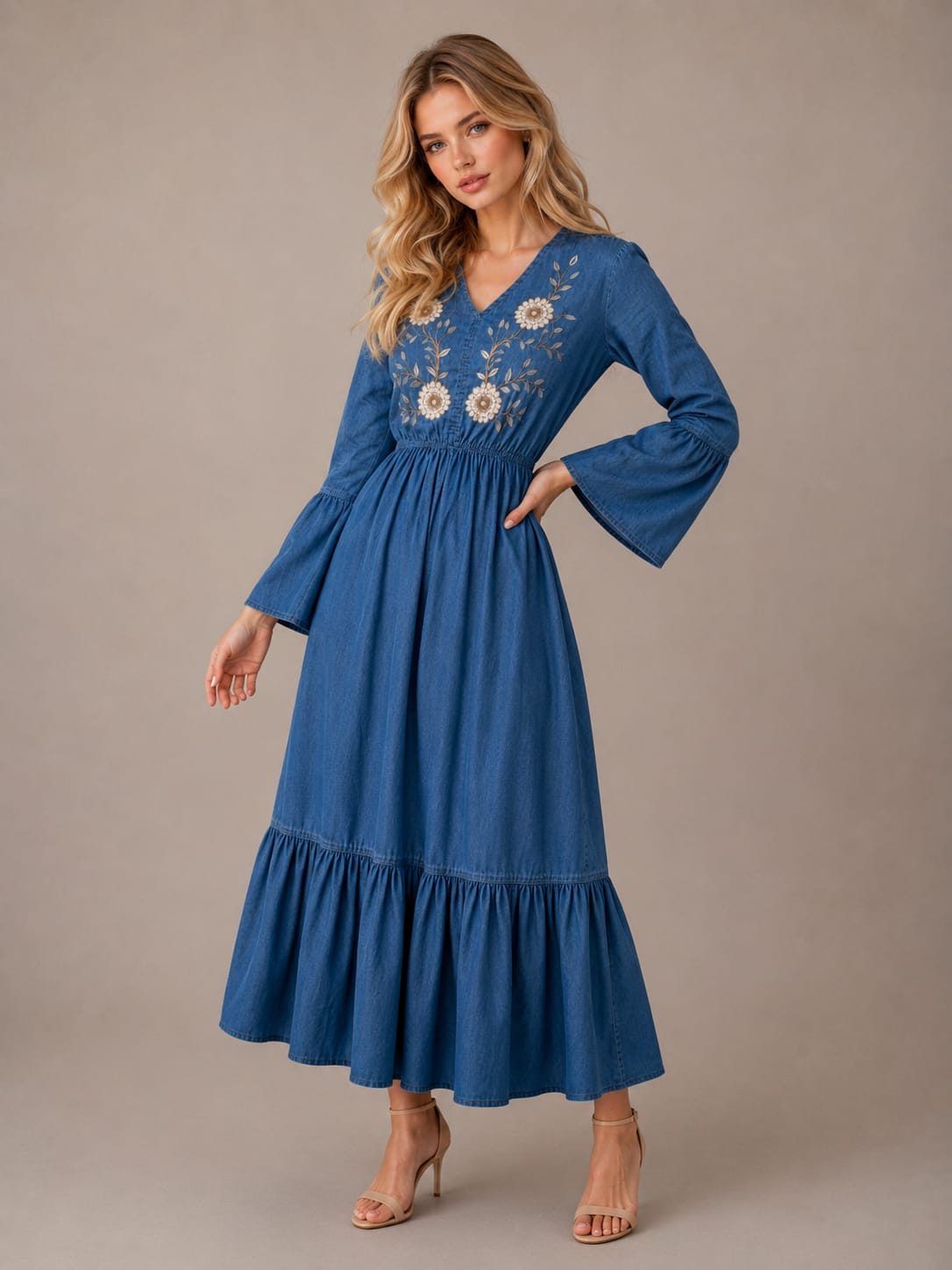 THE INDIGO BLOOM EMBROIDERED DENIM DRESS