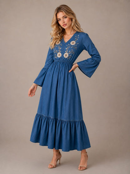 THE INDIGO BLOOM EMBROIDERED DENIM DRESS