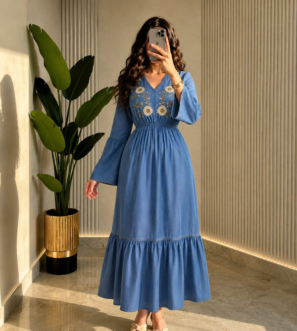 THE INDIGO BLOOM EMBROIDERED DENIM DRESS
