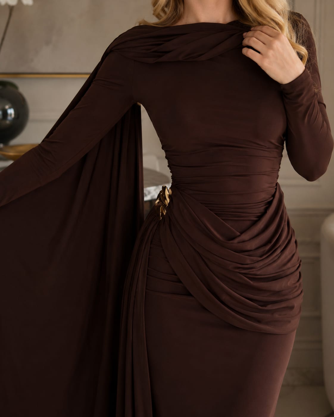 THE CHOCOLATE ROYALE DRAPED LYCRA GOWN