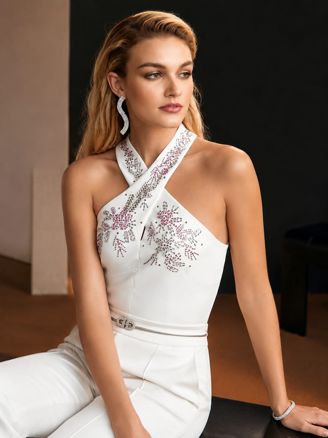 THE PEARL RHINESTONE HALTER BLOUSE