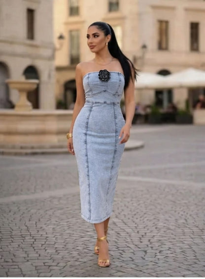THE ICE BLOOM STRAPLESS DENIM MIDI DRESS