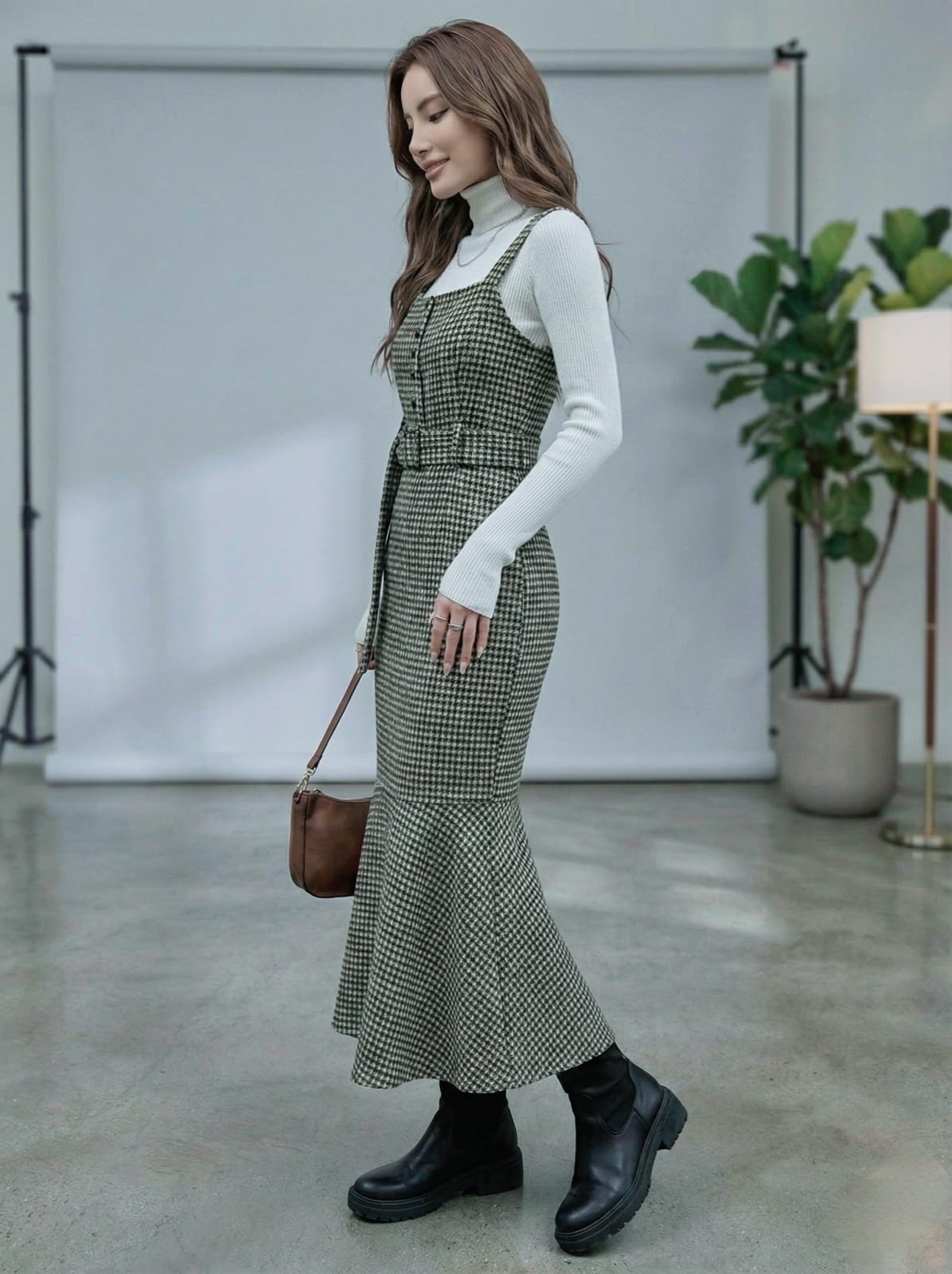 FRIFUL Plaid Cheongsam-Inspired Midi Dress