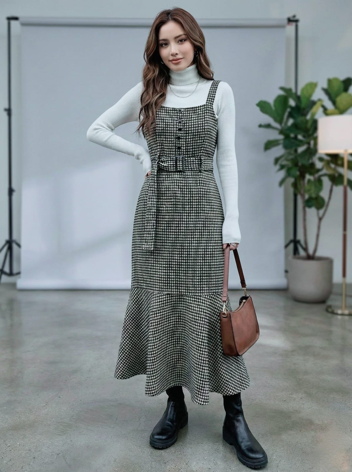 FRIFUL Plaid Cheongsam-Inspired Midi Dress