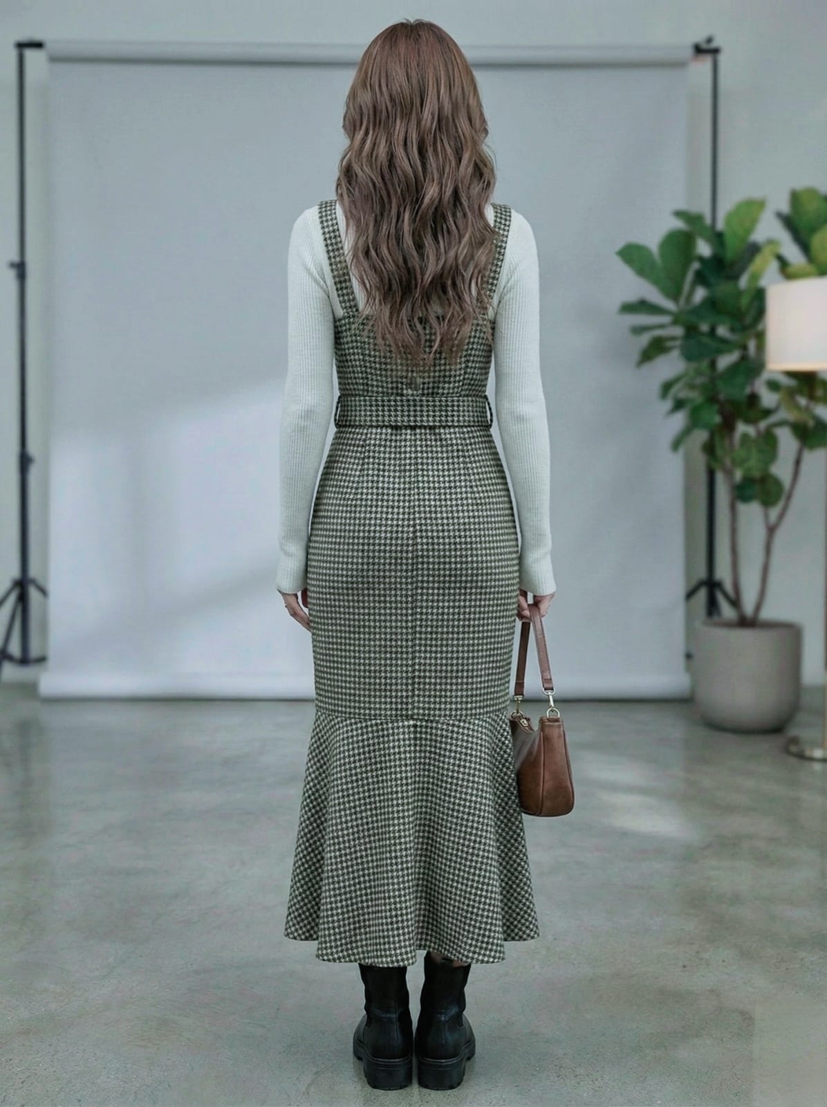 FRIFUL Plaid Cheongsam-Inspired Midi Dress