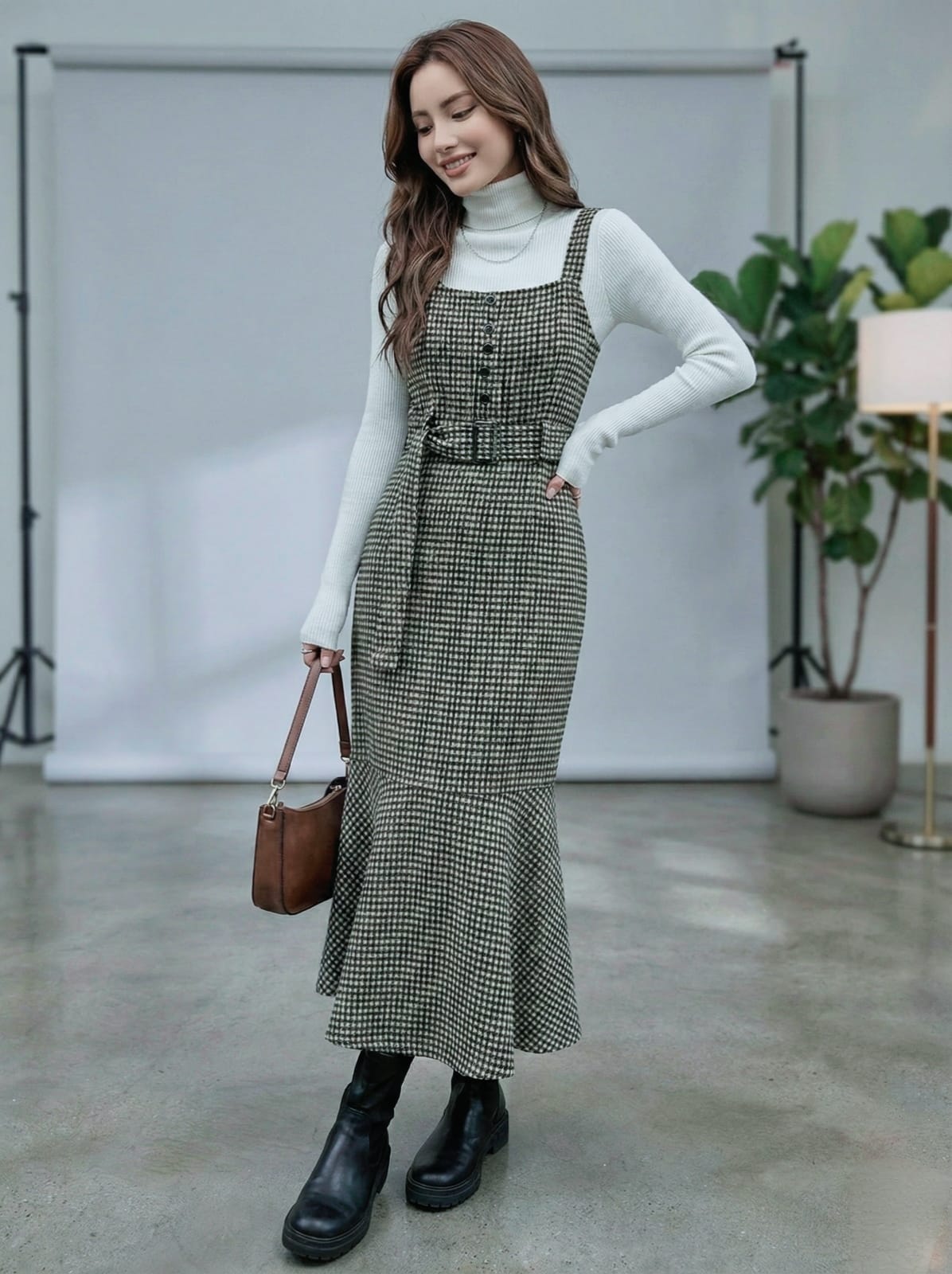 FRIFUL Plaid Cheongsam-Inspired Midi Dress
