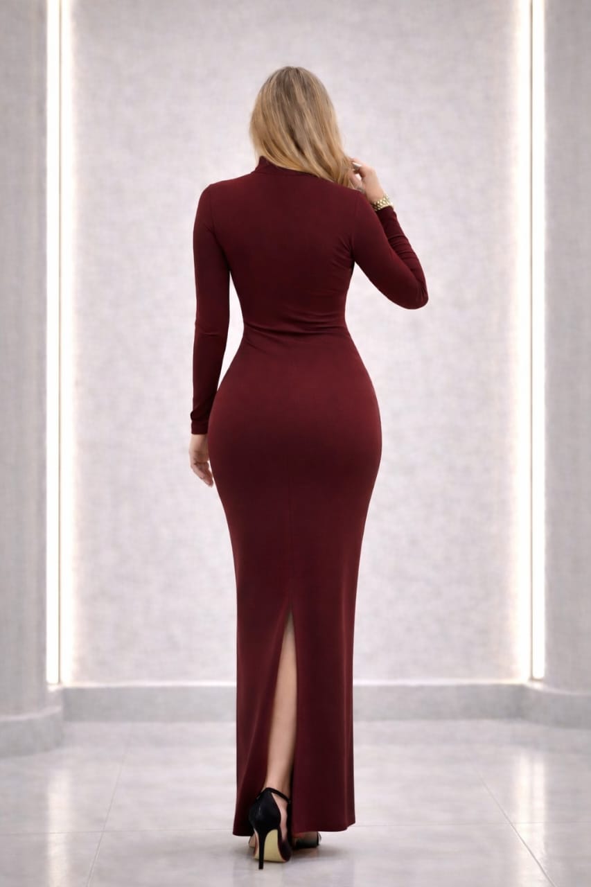 Elegant Burgundy Half-Collar Lycra Maxi Dress