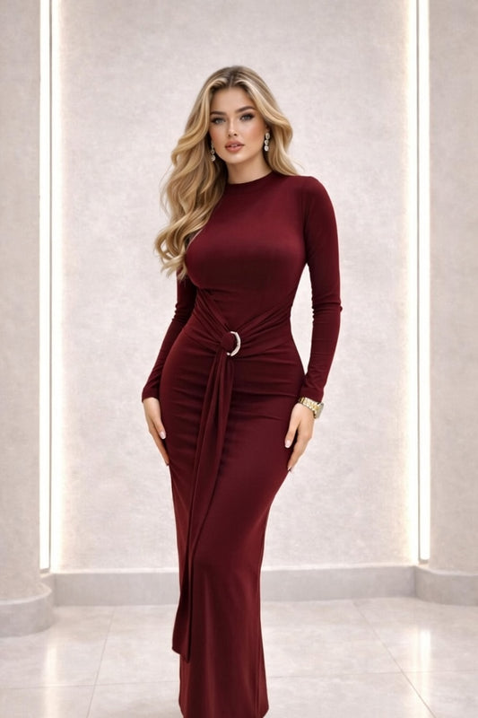 Elegant Burgundy Half-Collar Lycra Maxi Dress