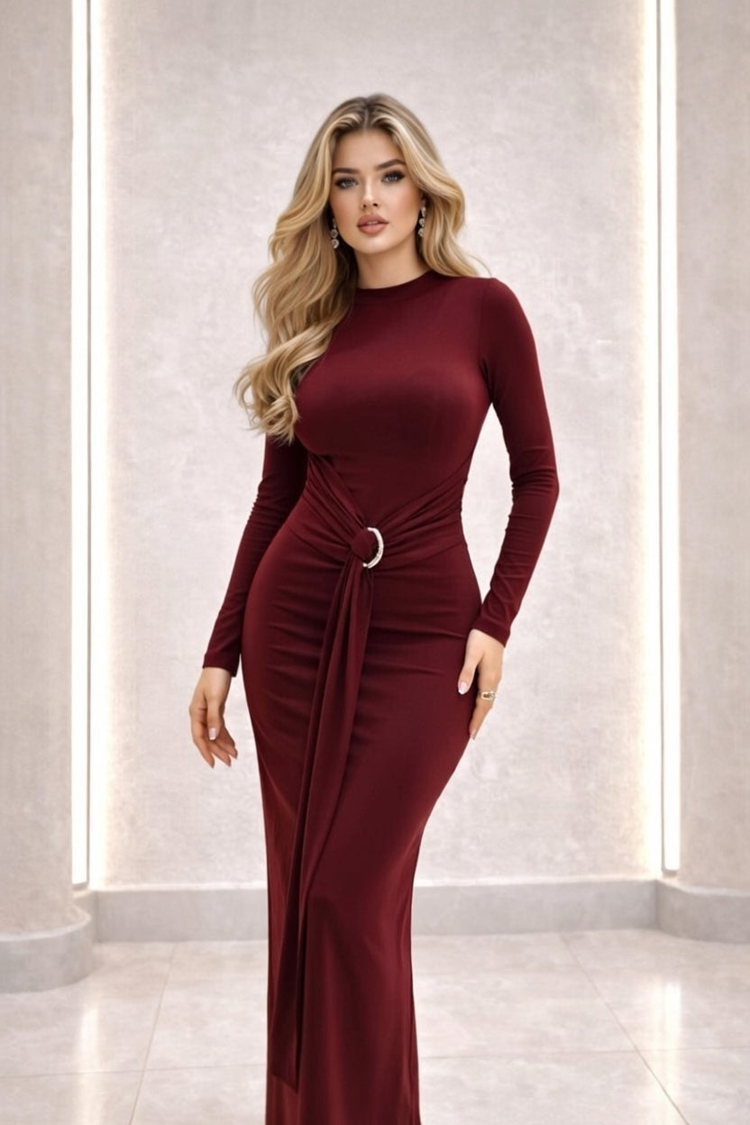 Elegant Burgundy Half-Collar Lycra Maxi Dress
