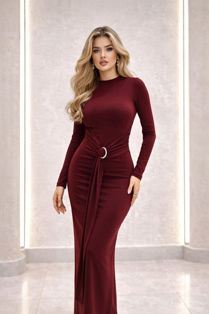 Elegant Burgundy Half-Collar Lycra Maxi Dress