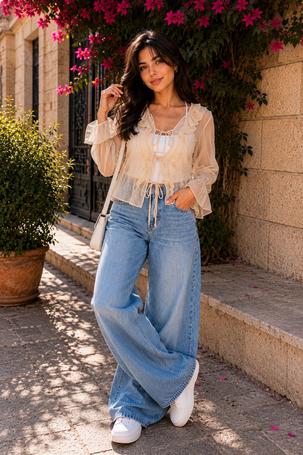 THE SHEER RUFFLE TIE BLOUSE (Beige)