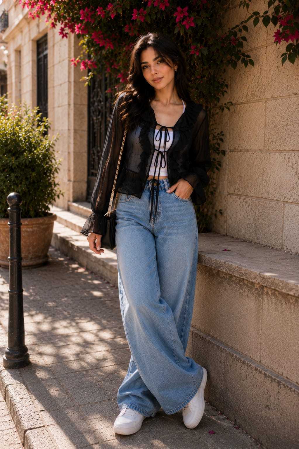 THE SHEER RUFFLE TIE BLOUSE (Black)