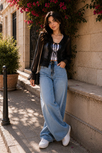 THE SHEER RUFFLE TIE BLOUSE (Black)