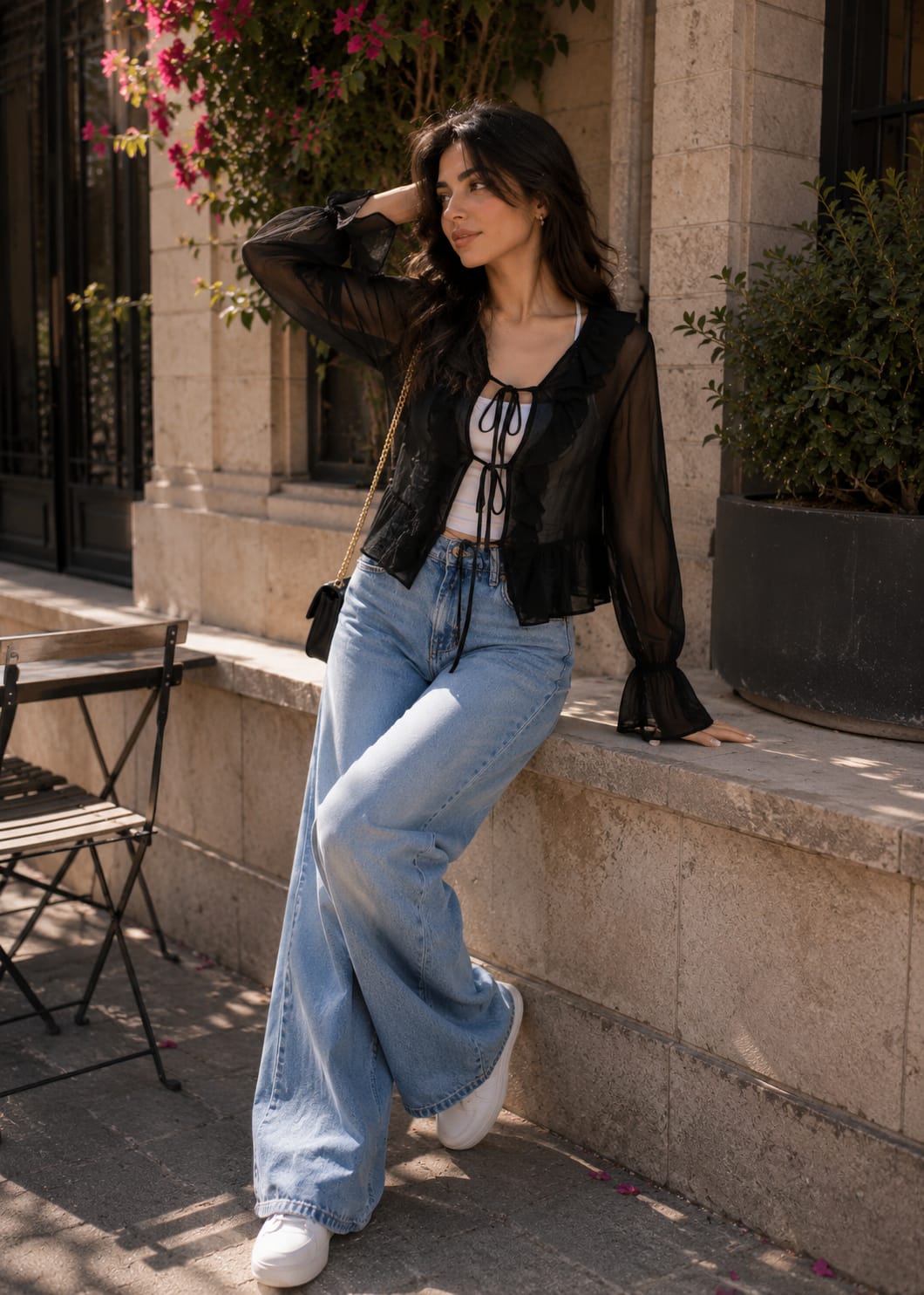THE SHEER RUFFLE TIE BLOUSE (Black)