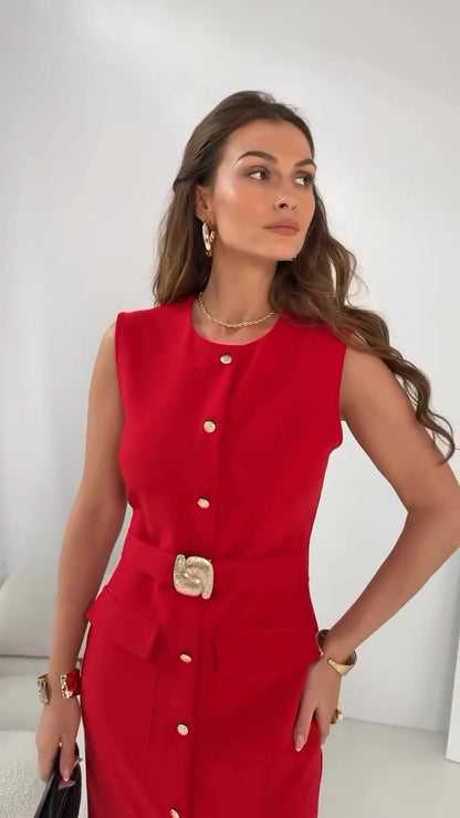 THE SCARLET SIGNATURE BELTED MIDI DRESS