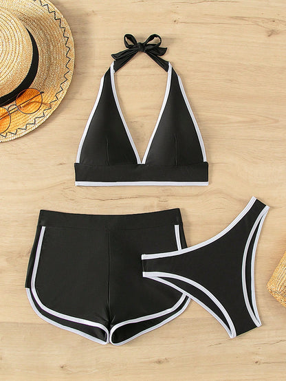 SHEIN Swim Three-Piece Bikini Set – Black & White Trim