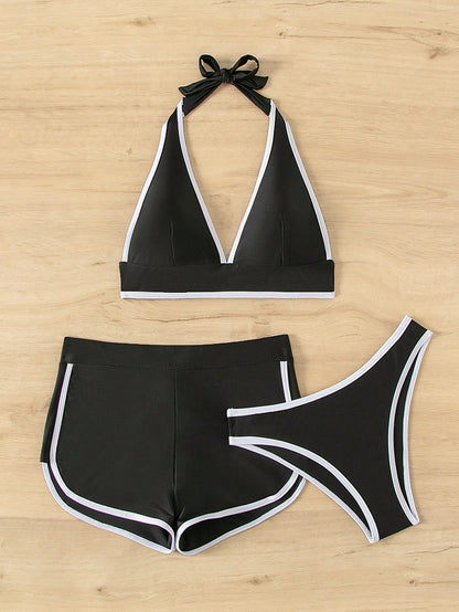 SHEIN Swim Three-Piece Bikini Set – Black & White Trim