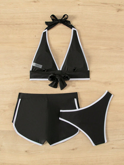 SHEIN Swim Three-Piece Bikini Set – Black & White Trim