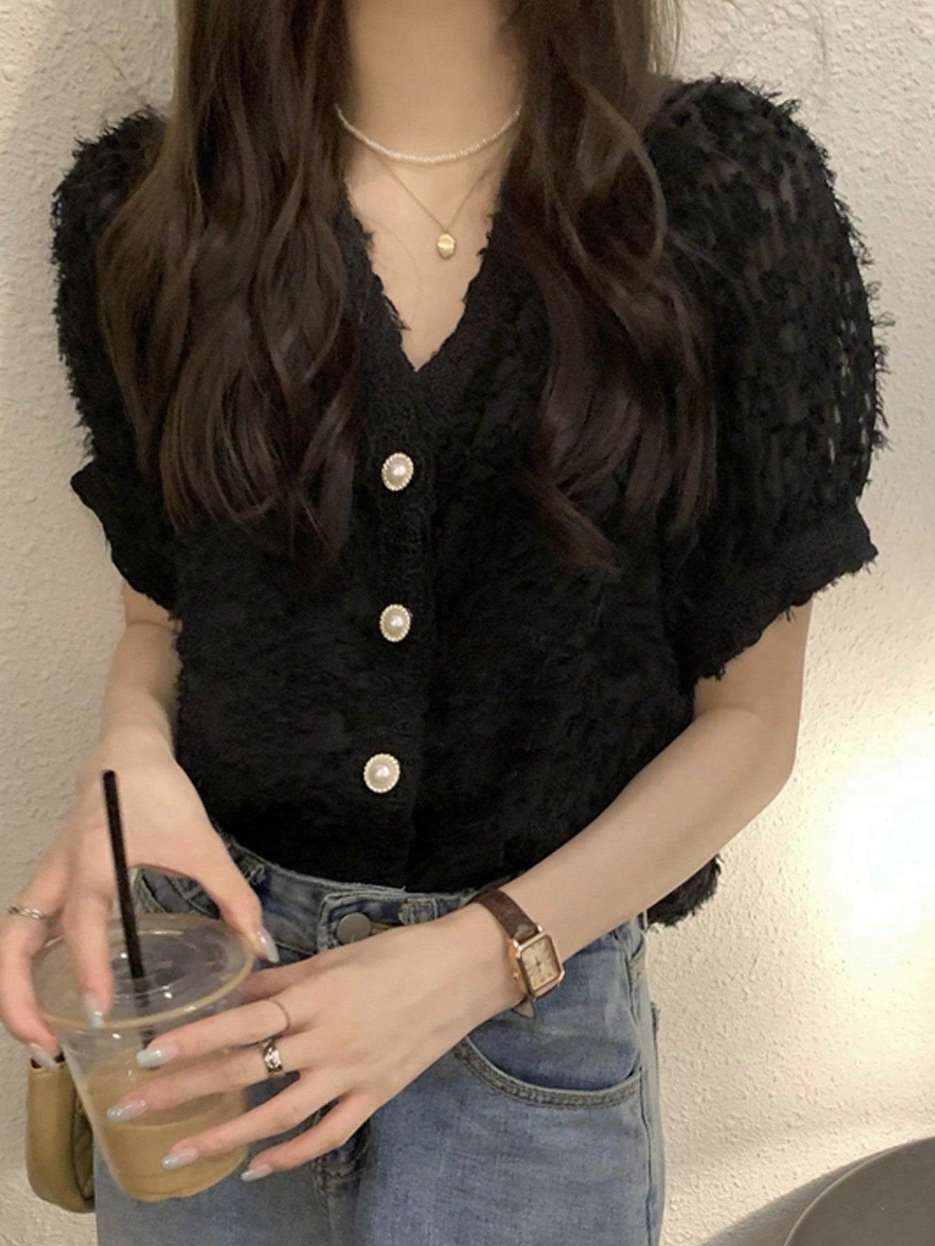 Shein V-Neck Bubble Sleeve Blouse